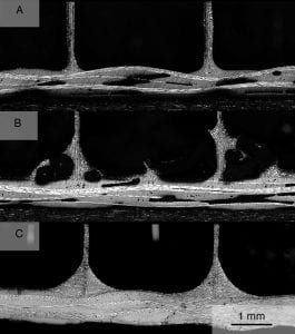 Figure 2) Micrographs demonstrated A) poorly-formed fillets due to adhesive disruption, B) porosity due to evolution of volatiles from the prepreg, and C) well-formed, void-free fillets.
